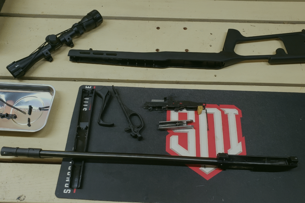Disassembled Marlin 795 rifle components on a workbench, including scope, barrel, receiver, and tools, highlighting gunsmithing and firearm maintenance.